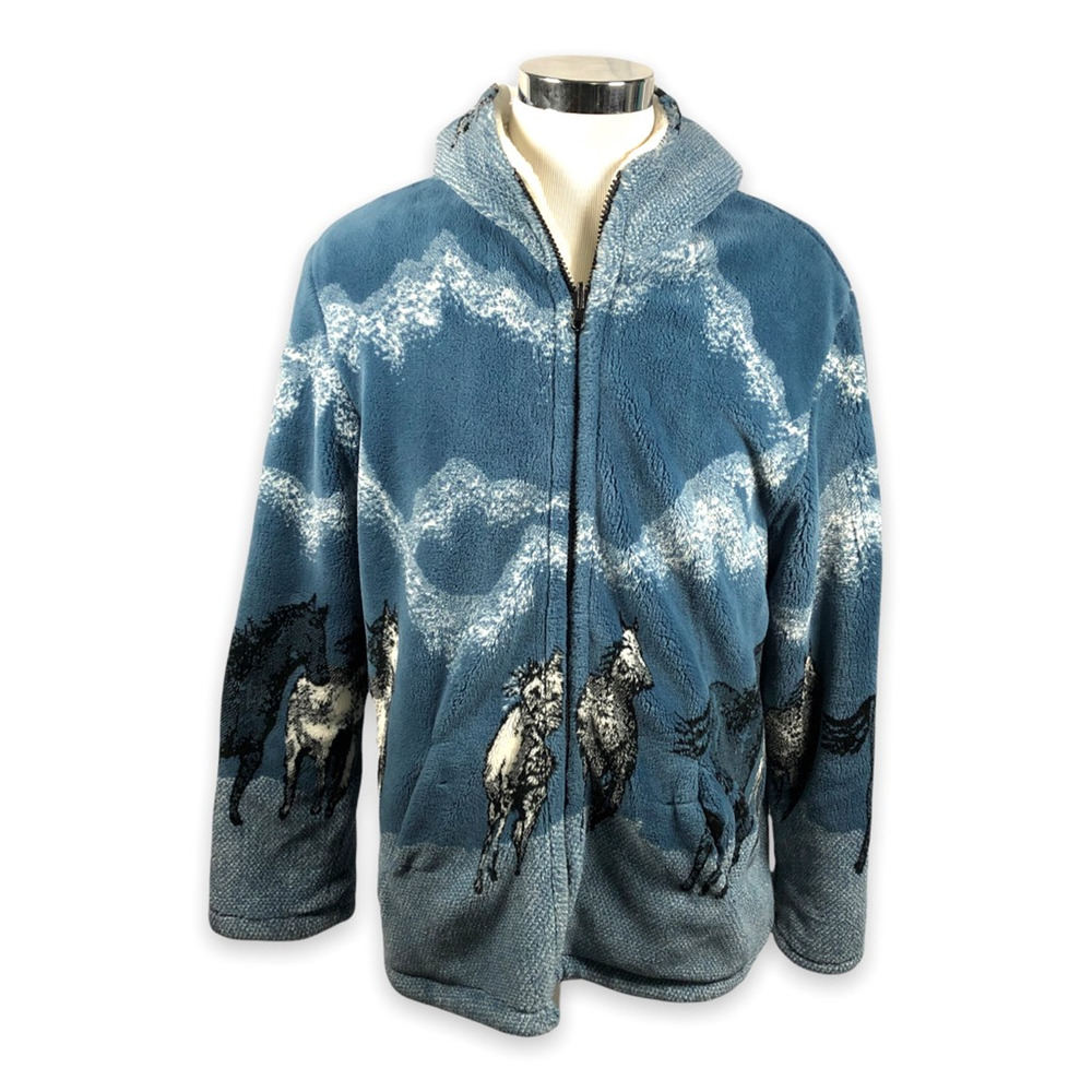 Nordic Lights Fleece Jacket Blue White Horses Reversible Pockets Vintage L